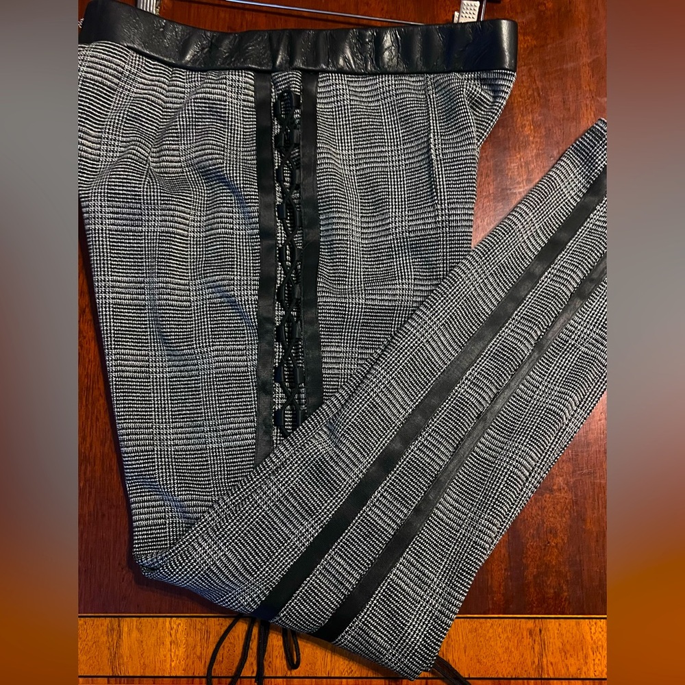 BEBE Black and White Plaid Pants with Lace Detail